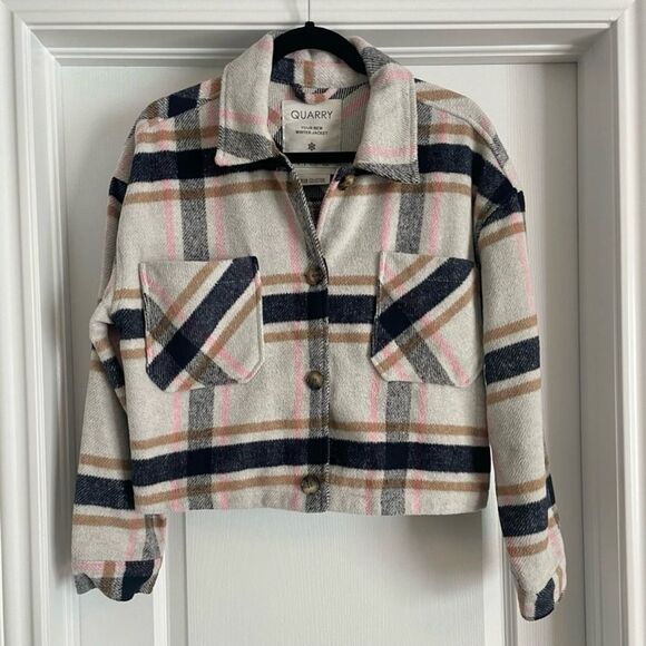 Quarry Plaid Winter Wool Blend Jacket Cropped Pink Tan Black Cream - Picture 2 of 8